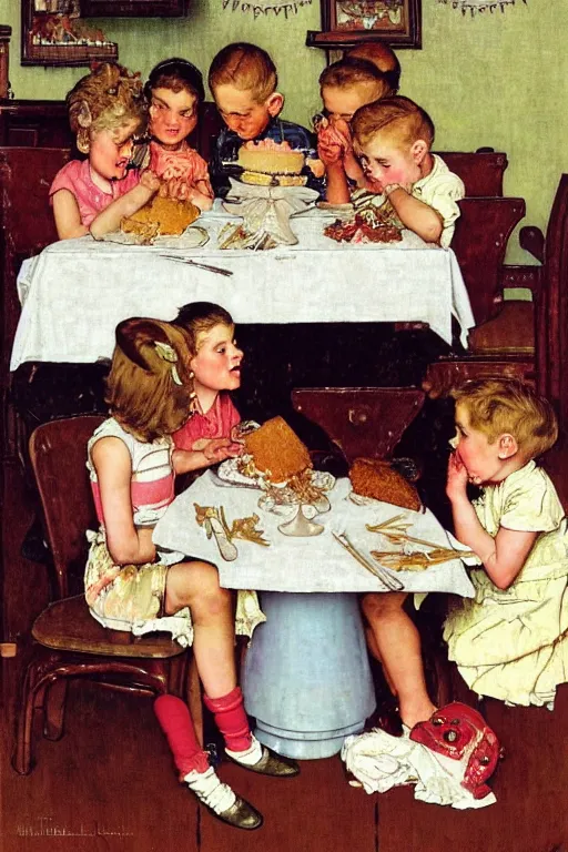 Image similar to kids eating cake by norman rockwell