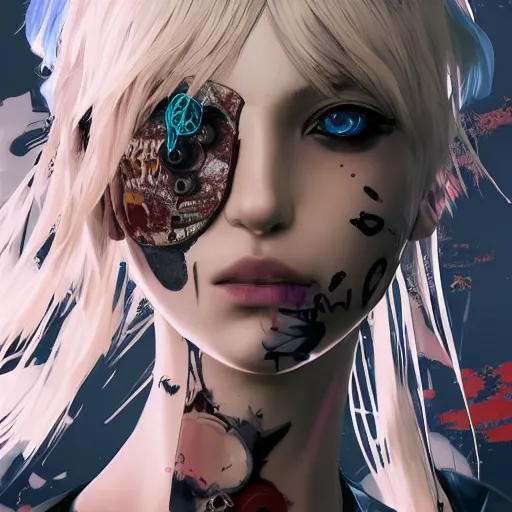 Prompt: highly detailed portrait of a punk young lady by Akihiko Yoshida, Greg Tocchini, 4k resolution, persona 5 inspired, nier:automata, vibrant blue, brown, white and black color scheme with graffiti