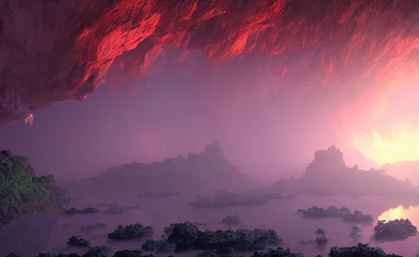 Image similar to a beautiful and stunning digital render of a humongous opal cave, dimly glowing crystals, haze, waterfall, volumetric lighting, photorealistic, red sky, sunset, unreal engine 5, ultra detail, trending on artstation