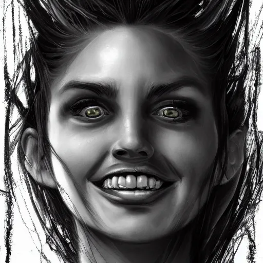 Image similar to medusa portrait painting, black and white, wicked grin, artstation, detailed, blurred background