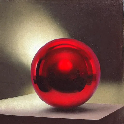 Prompt: chrome spheres on a red cube by willem drost