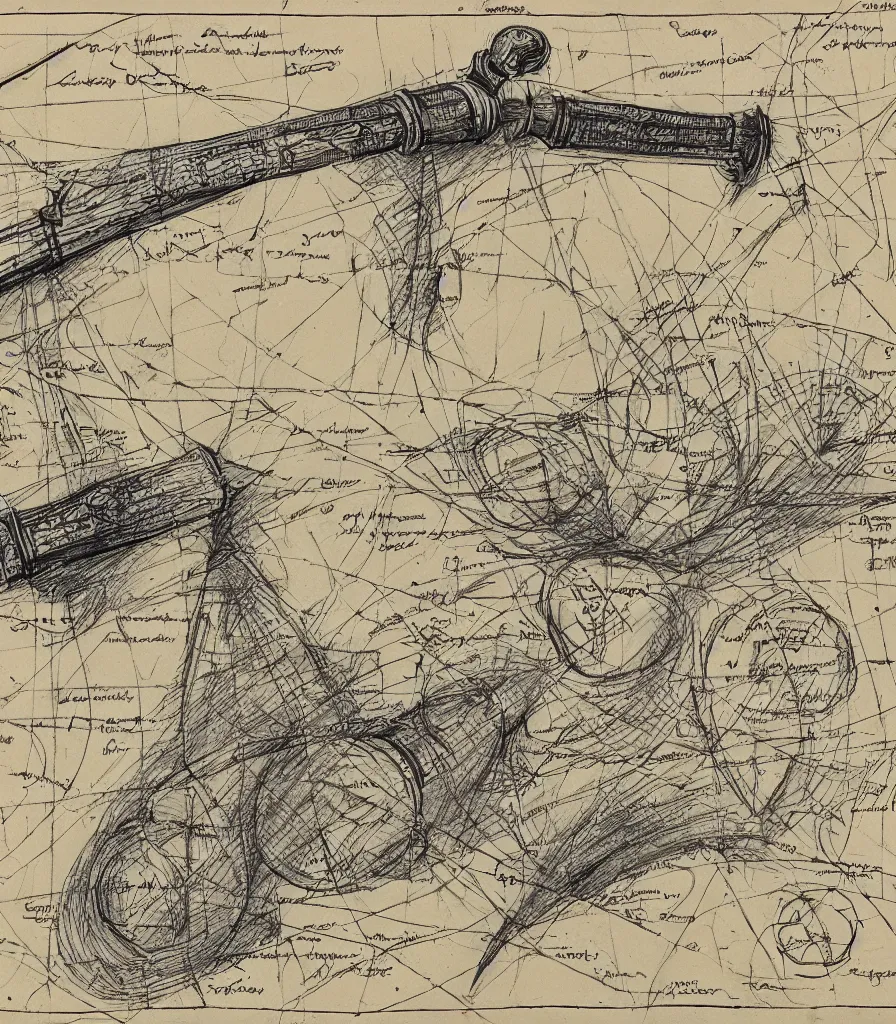 Image similar to technical drawing of a cursed rapier, multiple layers, detailed map, notes, scribbles, old paper