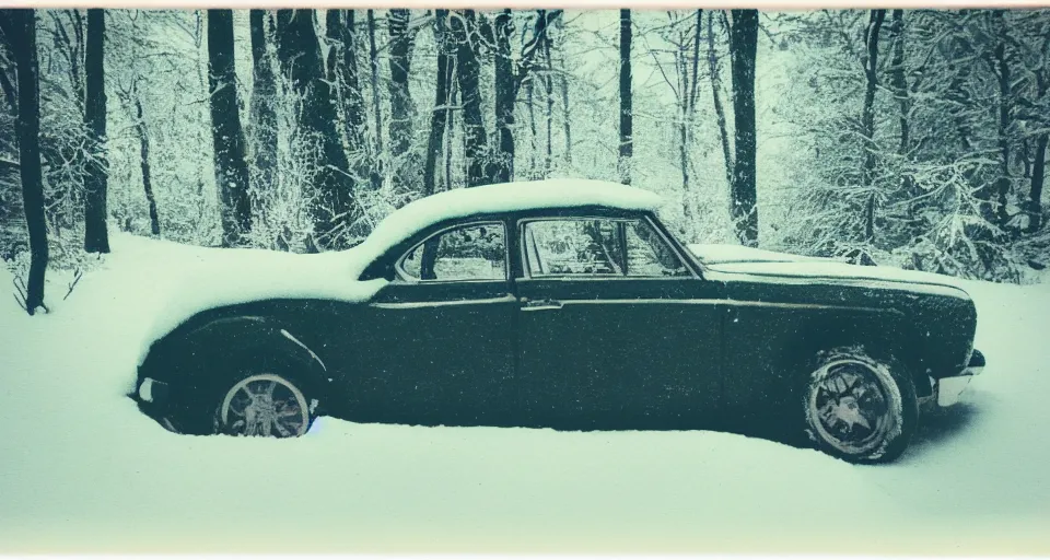 Image similar to vintage polaroid photograph of a car in a snowy forest