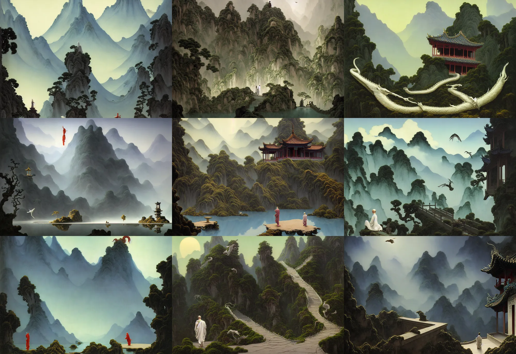 Prompt: a gorgeous landscape painting by barlowe wayne, maxfield parrish and marco mazzoni. an abandoned chinese temple. a ultra long chinese white dragon is flying through the clouds and mist among the mountains. birds. a lonely chinese grey blue monk walks on the winding stone steps, 3 d, octane render, turbulent blood lake, 8 k.