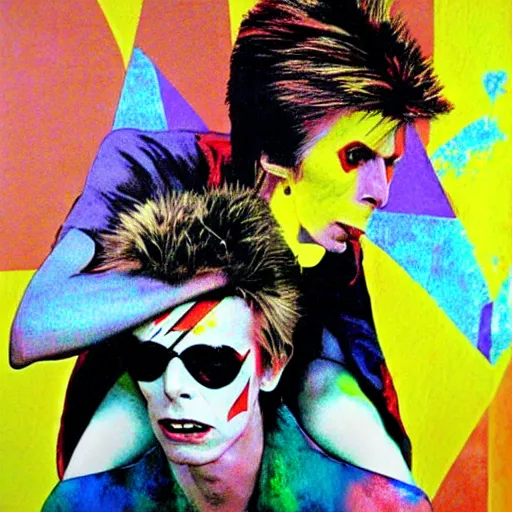 Prompt: david bowie from changes giving a piggy back ride to ziggy stardust. glam rock. by katsushika oi