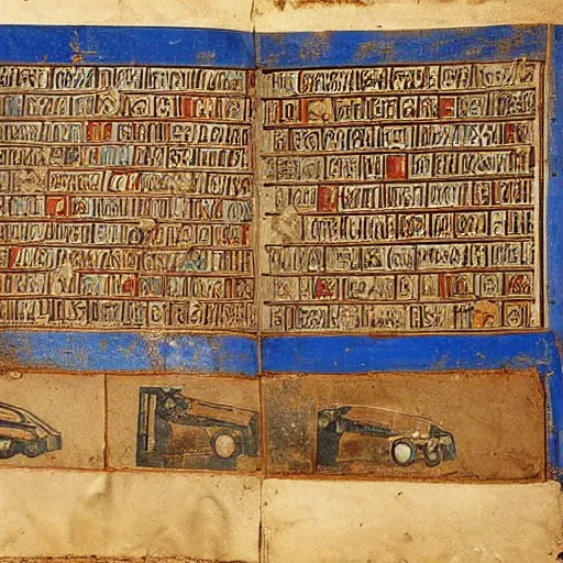 Prompt: ancient greek manuscript with pictures of cars