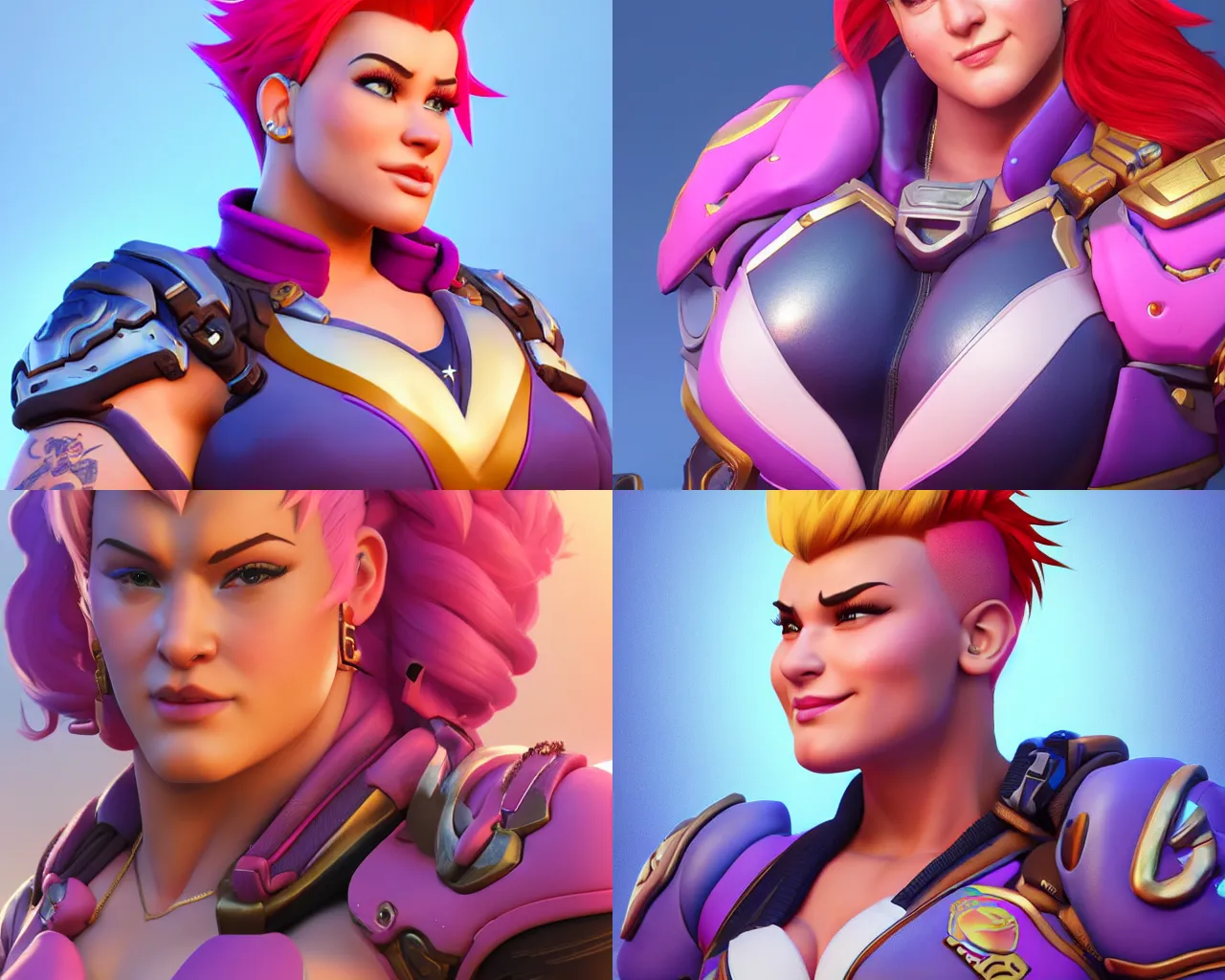 Prompt: hyperdetailed beautiful waist-up portrait of Zarya from overwatch as a disney pixar character, hd detailed texture, excellent 3D render, 8k, octane render, soft lighting, hyperrealistic, sharp focus, golden hour, specularity, reflections, zarya, strong