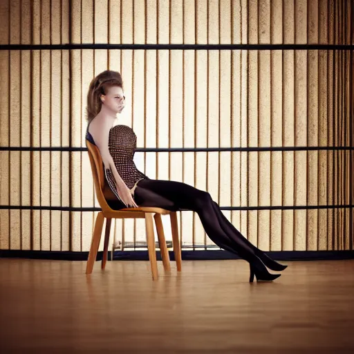 Image similar to beautiful woman sitting on how about midcentury modern wooden chair in the style of mies van der rough high end photoshoot