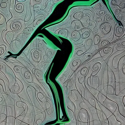 Image similar to A beautiful art installation of a human figure. The figure is shown in a contorted state, with their limbs and torso twisted in a seemingly impossible way. The figure is also shown with a number of facial piercings, and their eyes are rolled back in their head, giving them a wild and maniacal appearance. blue-green, jet black by Stephan Martinière, by Jan van Eyck tender