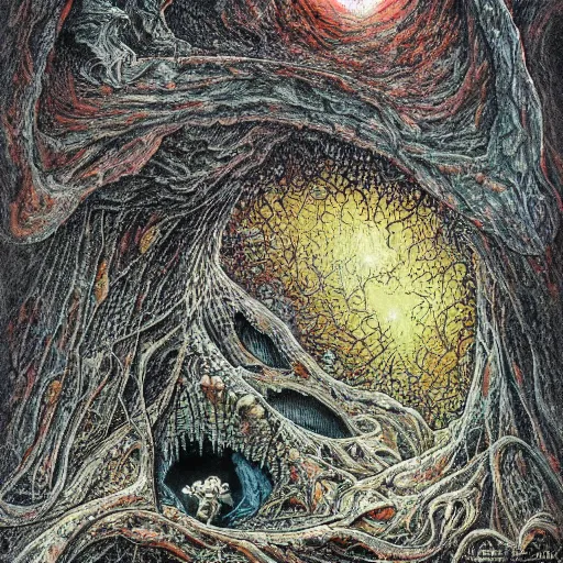 Prompt: a painting of a man standing in front of a cave, a surrealist painting by ian miller, deviantart, psychedelic art, lovecraftian, cosmic horror, poster art