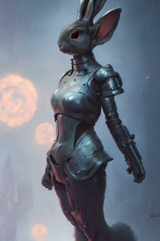 Image similar to rabbit girl portrait, sci - fi, futuristic armor, dramatic lighting, highly detailed, digital painting, 3 d render, hyper realistic detailed portrait, greg rutkowski, wlop, ruan jia, peter mohrbacher