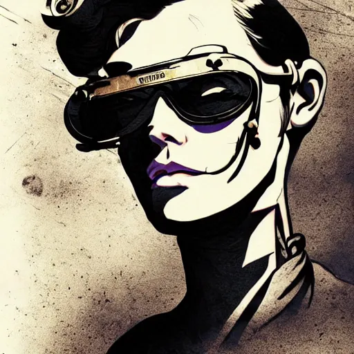 Prompt: tattooed stoic heroic emotionless dirty butch blonde woman mechanic with very short slicked - back hair, wearing dark - lensed victorian goggles, wearing distressed dirty ripped flight suit, moebius, rough paper, smooth median photoshop filter cutout vector, behance hd by jesper ejsing, by rhads, makoto shinkai and ron cobb.