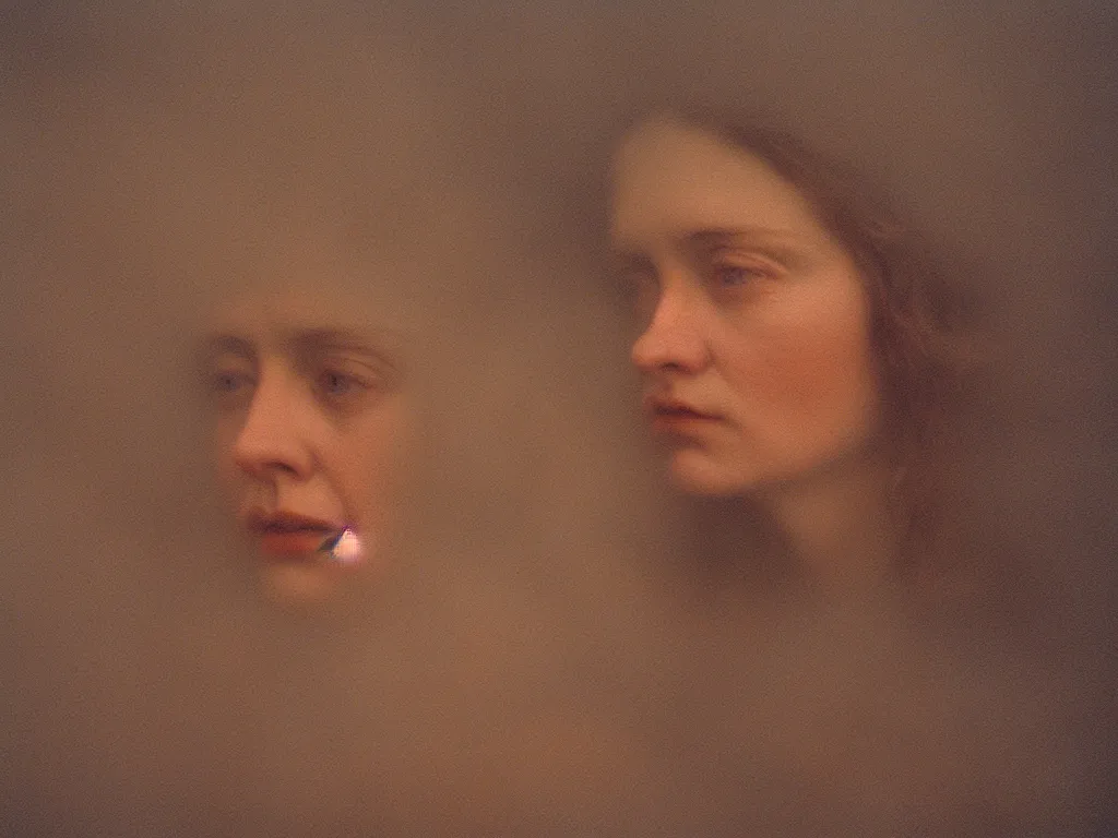 Image similar to close up portrait bust of woman, solemn expression, faded color film, russian cinema, tarkovsky, kodachrome, heavy forest, wood cabin in distance, deep depth of field, long brown hair, old clothing, heavy fog, atmospheric haze, brown color palette, sunset, low light, hudson river school, 4 k, dramatic lighting