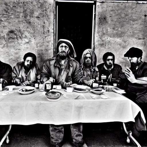 Image similar to Award Winning Editorial wide-angle picture of a Tramps in a new York Soup Kitchen by David Bailey and Lee Jeffries, The Last Supper