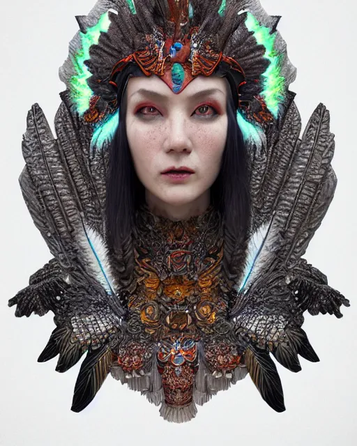 Image similar to 3 d warrior goddess medium shot portrait. beautiful hyperrealistic intricate highly detailed magpie helm and richly embroidered blouse, quetzalcoatl, bioluminescent, curious, kintsugi, plasma, lava, ice, feather, artwork by tooth wu and wlop and chiara bautista, octane 3 d render