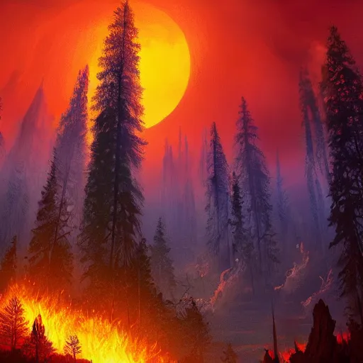 Prompt: A fantasy landscape with flowers and beautiful tall trees, redwoods, sunset, in hell, burning, forest fire