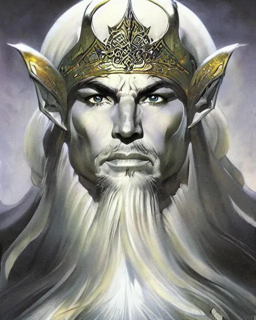 Image similar to a stunning portrait of a Divine Elf King, fantasy illustration by Frank Frazetta and Boris Vallejo, symmetric, highly detailed, trending on artstationhq