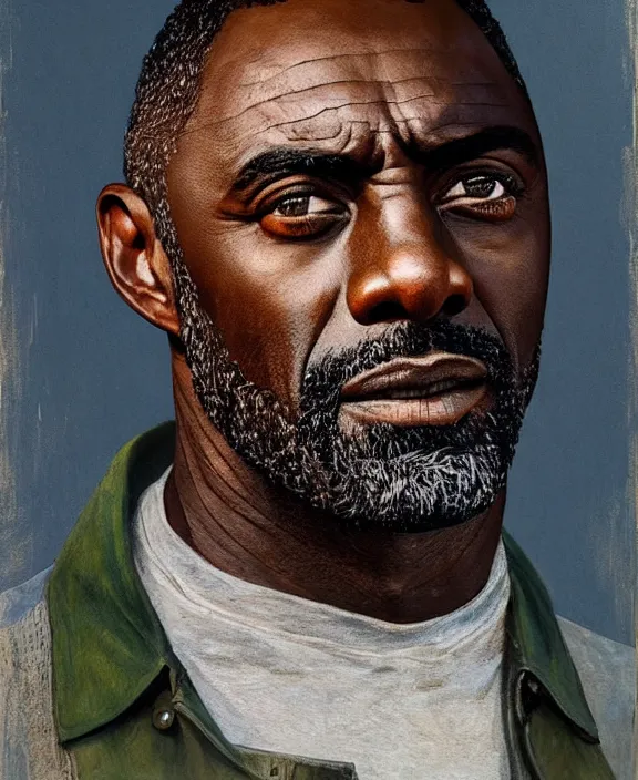 Image similar to portrait of idris elba as a kansas farmer, art by denys tsiperko and bogdan rezunenko and thomas eakins, hyperrealism