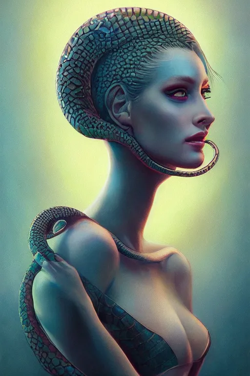 Image similar to portrait of an elegant alien queen with snake hair, straight on portrait, by artgerm, tom bagshaw, gerald brom, vaporwave colors, lo fi colors, vaporwave, lo fi, 2 point studio lighting, dramatic lighting, 4 k, hd,