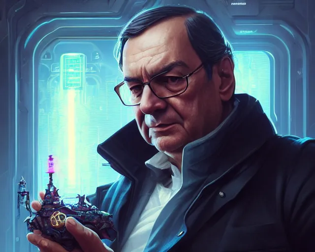 Image similar to oldman florentino perez with cyberpunk implants, deep focus, d & d, fantasy, intricate, elegant, highly detailed, digital painting, artstation, concept art, matte, sharp focus, illustration, hearthstone, art by artgerm and greg rutkowski and alphonse mucha