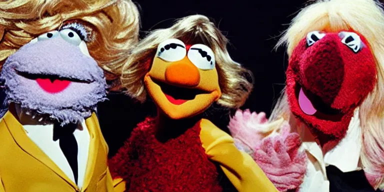 Prompt: Photoreal Cinematography of a photorealistic muppet version of Debbie Harry hosting The Muppet show with actor Steve Martin