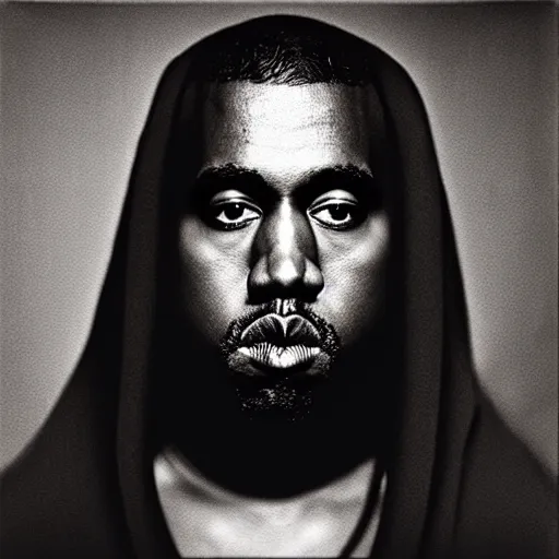 Image similar to a ( ( ( ( ( ( ( ( ( ( ( ( ( ( ( ( ( ( chiaroscuro lighting portrait ) ) ) ) ) ) ) ) ) ) ) ) ) ) ) ) ) of kanye west dressed as rick owens, black background, portrait by julia margaret cameron, shallow depth of field, 8 0 mm, f 1. 8