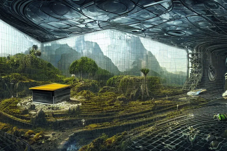 Prompt: simplicity, favela honeybee hive, hr giger environment, glass houses, spaceships, award winning art, epic dreamlike fantasy landscape, ultra realistic,