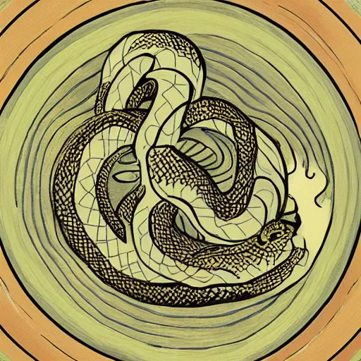 Image similar to a tao symbol made surrounded by a snake eating its own tail, fantasy drawing