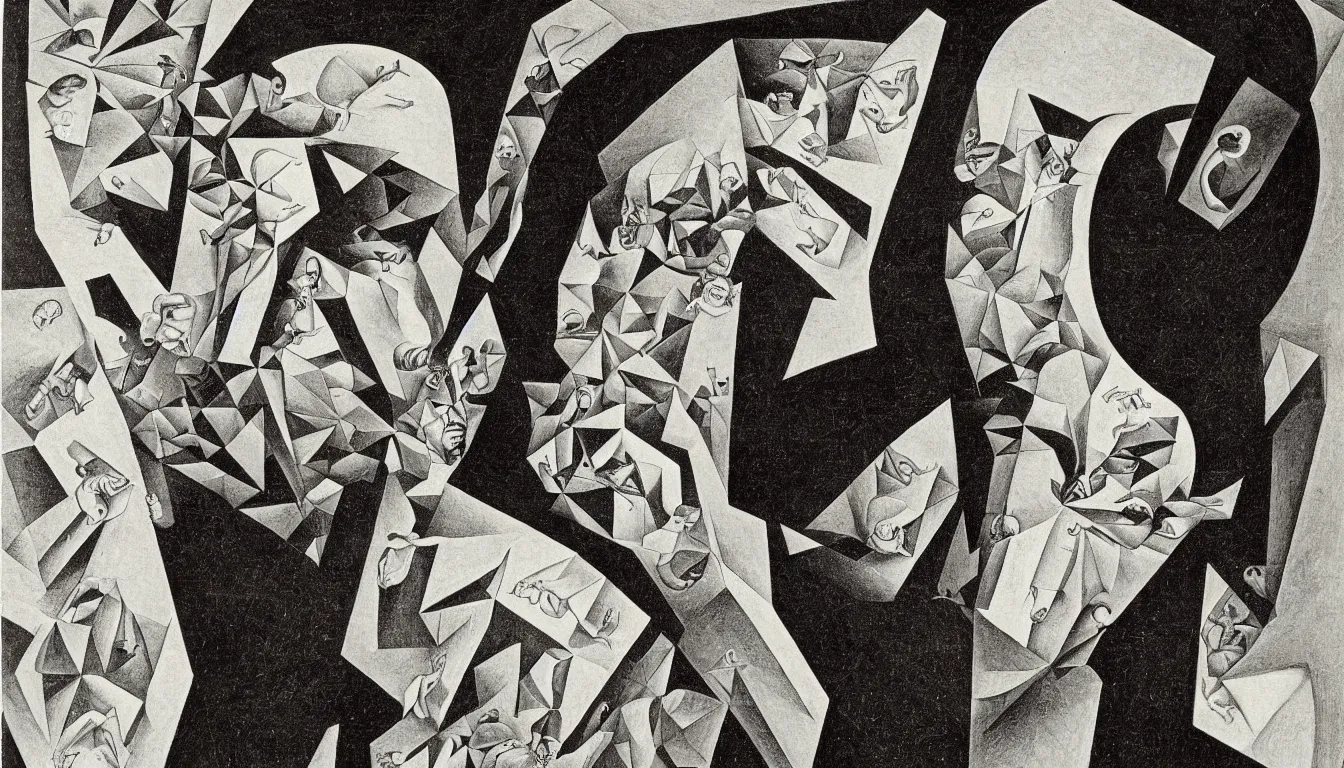 Prompt: self portrait by m c escher