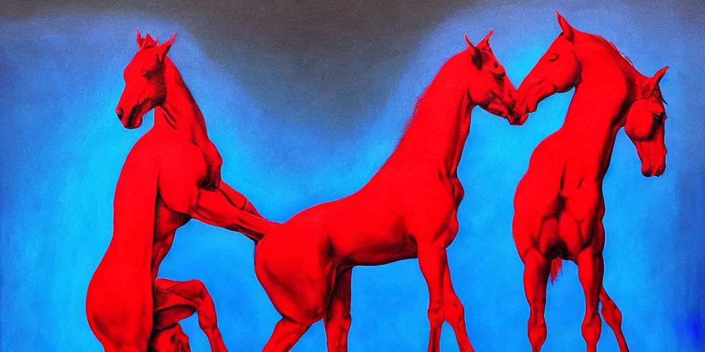 Prompt: only with blue, ney motogrosso in love with a red stallion, too many hands in all directions, in hoc signo vinces, waterfall, in the style of leonora carrington, gottfried helnwein, intricate composition, blue light by caravaggio, insanely quality, highly detailed, masterpiece, red light, artstation