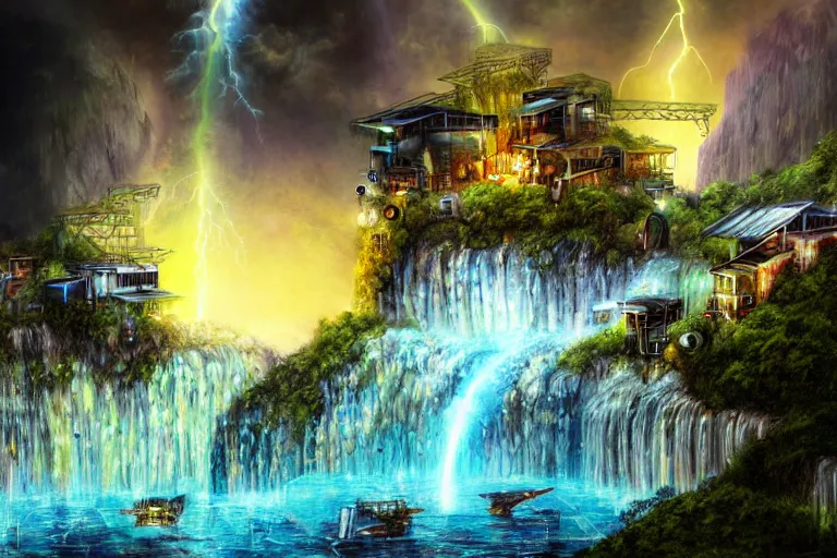 Image similar to mission waterfall favela honeybee hive, sci - fi environment, lightning, industrial factory, award winning art, epic dreamlike fantasy landscape, ultra realistic,