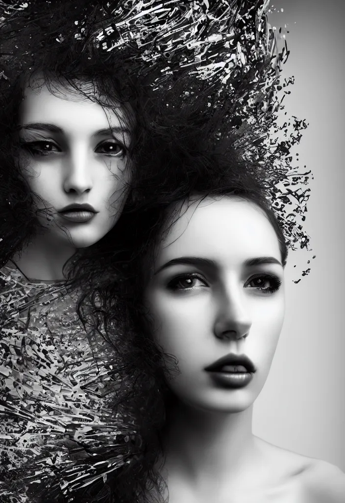 Prompt: young beautiful woman, gorgeous face, black and white photography, surreal, artist, flipped hair, 8 k, unreal engine 5, ultra sharp focus, art by victoria siemer, kirsty mitchell, laura zalenga