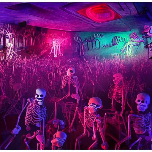 Prompt: photo, a giant crowd of realistic claymation skeletons sensually inside a colorful futuristic night club, edge lighting