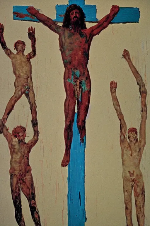 Image similar to jesus christ crucified painted by cy twombly, basquiat and andy warhol