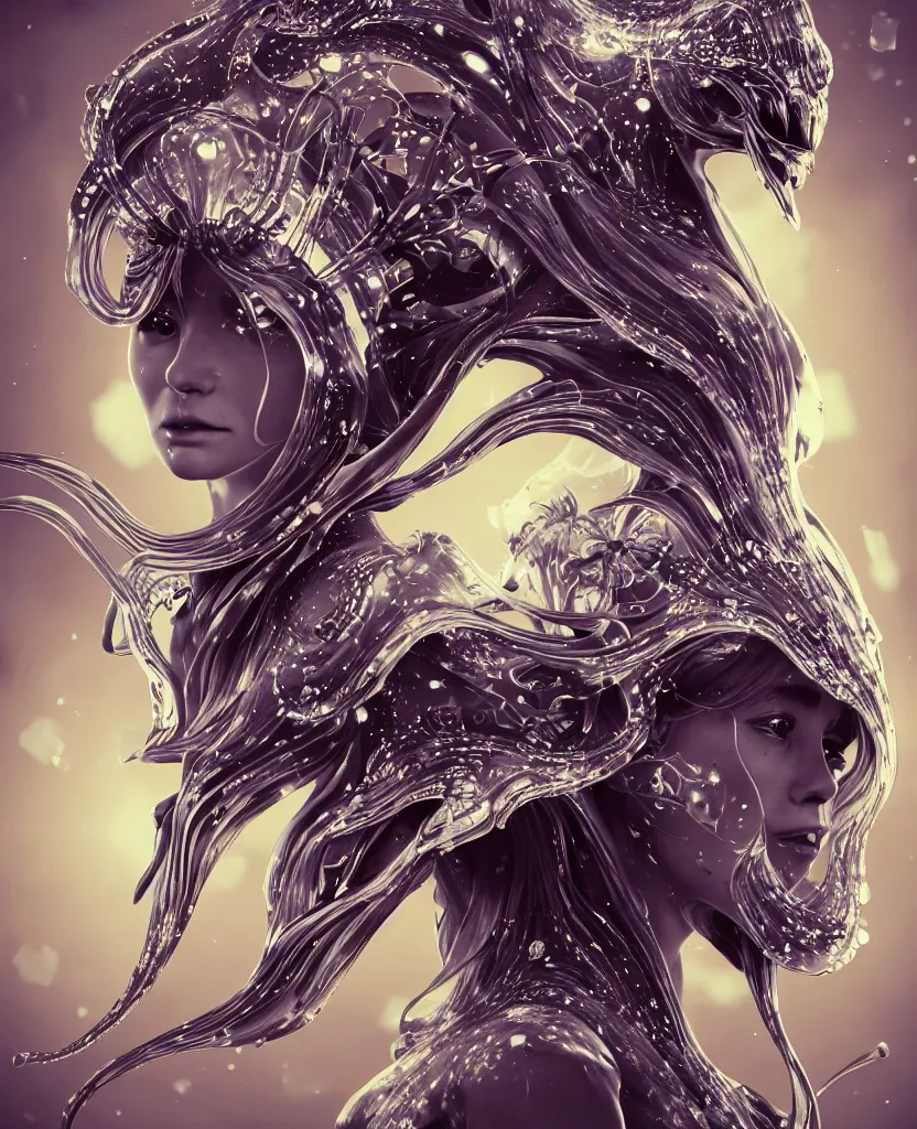 Image similar to close-up macro portrait of the face of a beautiful princess with animal skull mask, epic angle and pose, symmetrical artwork, 3d with depth of field, blurred background, cybernetic jellyfish female face skull phoenix bird, translucent, nautilus, energy flows of water and fire. a highly detailed epic cinematic concept art CG render. made in Maya, Blender and Photoshop, octane render, excellent composition, cinematic dystopian brutalist atmosphere, dynamic dramatic cinematic lighting, aesthetic, very inspirational, arthouse. y Greg Rutkowski, Ilya Kuvshinov, WLOP, Stanley Artgerm Lau, Ruan Jia and Fenghua Zhong