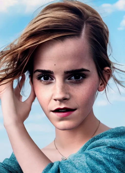 Image similar to Emma Watson for Glamour, perfect face, hot summertime, full length shot, colorful, XF IQ4, 150MP, 50mm, f/1.4, ISO 200, 1/160s, natural light, Adobe Photoshop, Adobe Lightroom, DxO Photolab, Corel PaintShop Pro, rule of thirds, symmetrical balance, depth layering, polarizing filter, Sense of Depth, AI enhanced