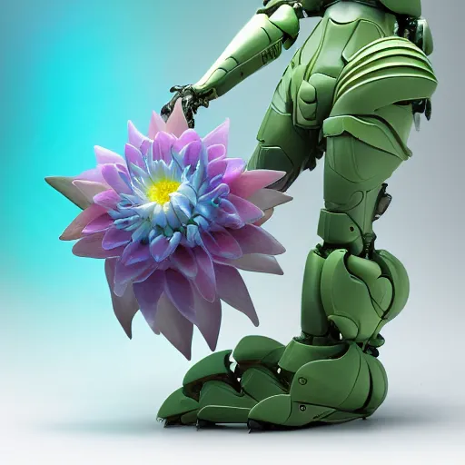 Image similar to futuristic nymphaea themed mecha waterlily flower for upper body android, cyberpunk, rococo, sci - fi movie, cinematic compositions, highly detailed, nymphaea, 8 k hd resolution, sazabi, biomechanical, bandai box art, makoto kobayashi, zaha hadid,