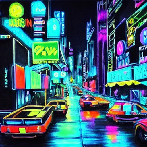 Prompt: realistic painting neon city black light highly detailed trending on art station