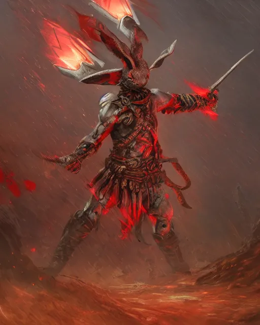 Image similar to Rabbit Berserker, rage, maniac, war paint, red, Khorne, magic the gathering artwork, D&D, fantasy, cinematic lighting, centered, symmetrical, highly detailed, digital painting, artstation, concept art, smooth, sharp focus, illustration, volumetric lighting, epic Composition, 8k, art by Akihiko Yoshida and Greg Rutkowski and Craig Mullins, oil painting, cgsociety