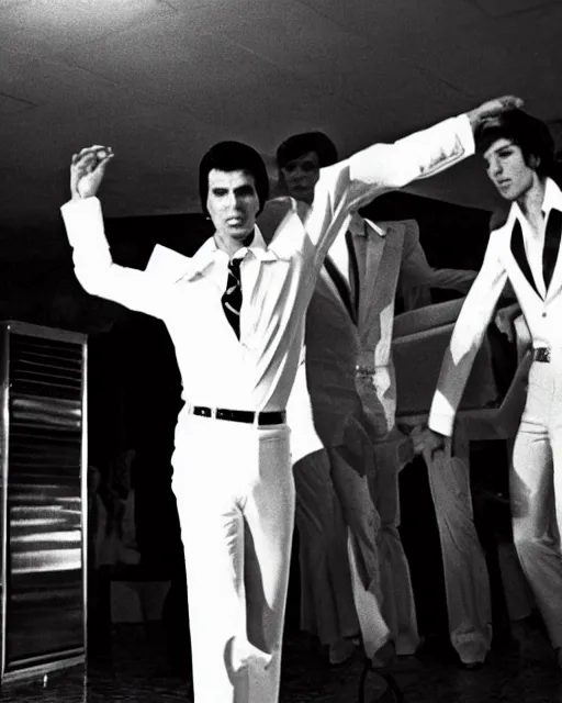 Prompt: donald altrump as orange suited tony manero in saturday night fever dancing at a funeral home with coffins, cinematic, 1 9 7 0 s style