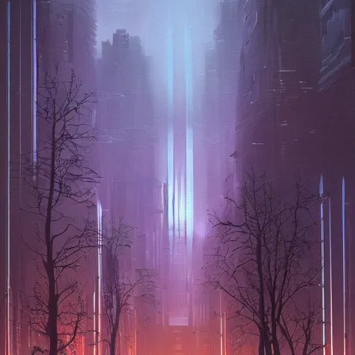 Prompt: sci - fi urban landscape with trees in rainy coruscant at night by david noren and ralph mcquarrie and peter mohrbacher, matte painting, psychedelic, dark