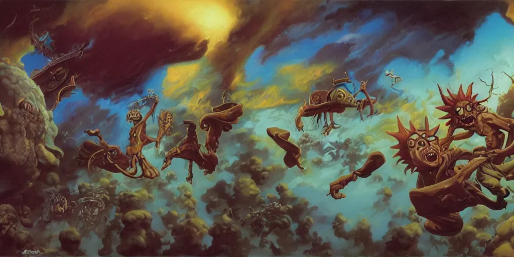 Prompt: Rick and Morty Sanchez fleeing from the enemy, Boris Vallejo, Julie Bell, Zdzisław Beksiński, Ed Binkley, Mark Brooks Frank Frazetta, Greg Hildebrandt, Tim Hildebrandt, Alex Horley, Ralph Horsley, Peter Andrew Jones, Eddie Mendoza, Earl Norem, Greg Rutkowski, Michael Whelan, Artgerm