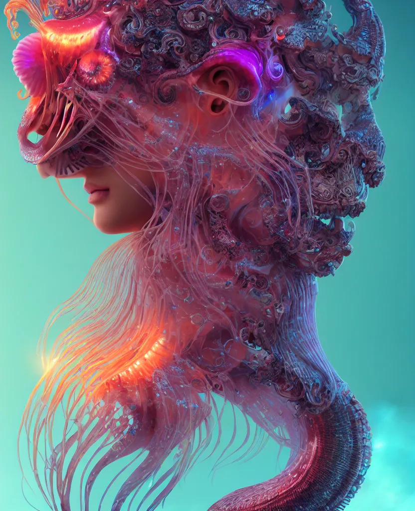 Image similar to goddess close-up face portrait. chimera orchid jellyfish phoenix head, nautilus, skull, betta fish, bioluminiscent creatures, intricate artwork by Tooth Wu and wlop and beeple. octane render, trending on artstation, greg rutkowski very coherent symmetrical artwork. cinematic, hyper realism, high detail, octane render, 8k