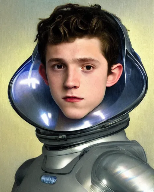 Image similar to a portrait painting of a shy, blushing 1 6 - year old tom holland or timothee chalamet, backlit, wearing a futuristic translucent iridescent plastic space suit with a space helmet, elegant, highly detailed, artstation, concept art, by krenz cushart and donato giancola and william adolph bouguereau and alphonse mucha