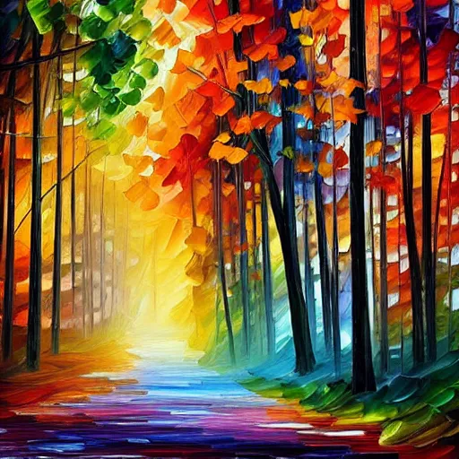 Image similar to beautiful forest in the style of leonid afremov