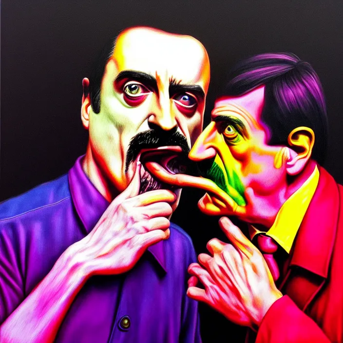 Image similar to bright psychedelic mike patton eating frank zappa who is puking hitler, diffuse lighting, fantasy, intricate, elegant, highly detailed, lifelike, photorealistic, digital painting, artstation, illustration, concept art, smooth, sharp focus, art by francis bacon