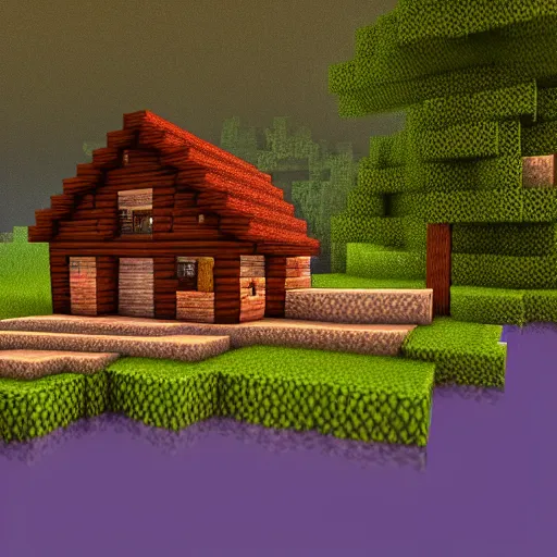 Image similar to atmospheric render of a small cabin next to a lake inside a dark underground cavern, minecraft rtx, 4 k