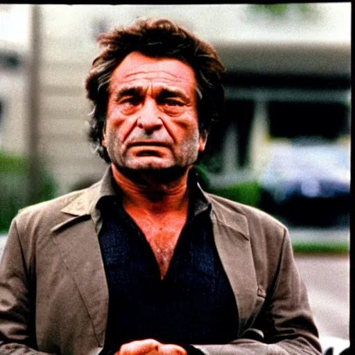 Prompt: Peter Falk as Bad Lieutenant film still 1990 35mm heavy detail grunge