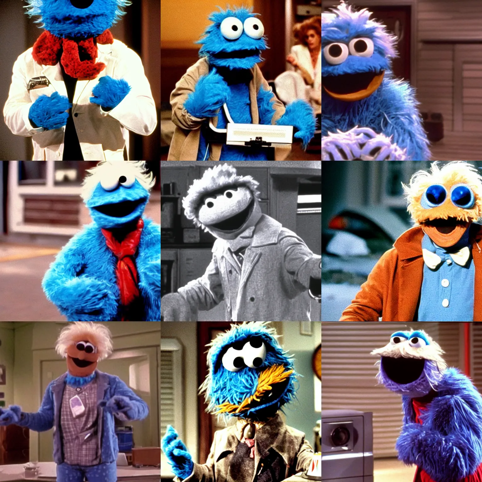 Prompt: Cookie Monster as Doctor Emmett Brown, Still from Back to the Future (1985)