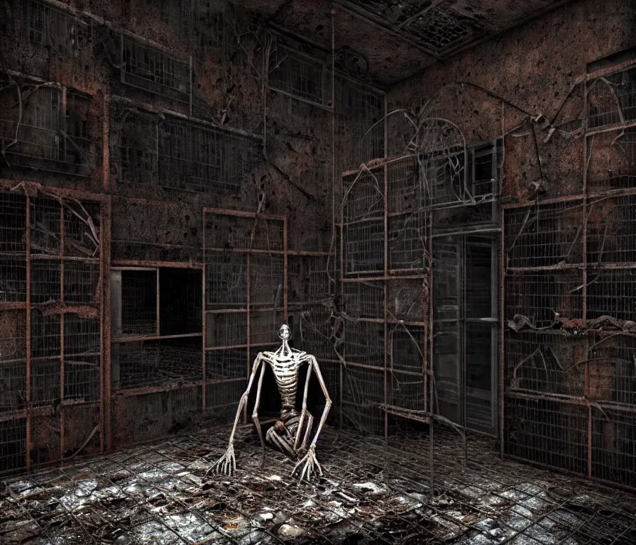 Image similar to creepy humanoid with long limbs sits on the floor. An underground very dark gloomy multi-layered structure of rusty thick iron grates, dense chain-link fencing and peeling walls. Inside view, collapsed floors, bent rusted iron, masterpiece, black background, corners, cinematic, hyperdetailed, photorealistic, hyperrealism, octane render, 8k, depth of field, bokeh, architecture, shadows, art by Zdzisław Beksiński, Arthur Rackham, Dariusz Zawadzki